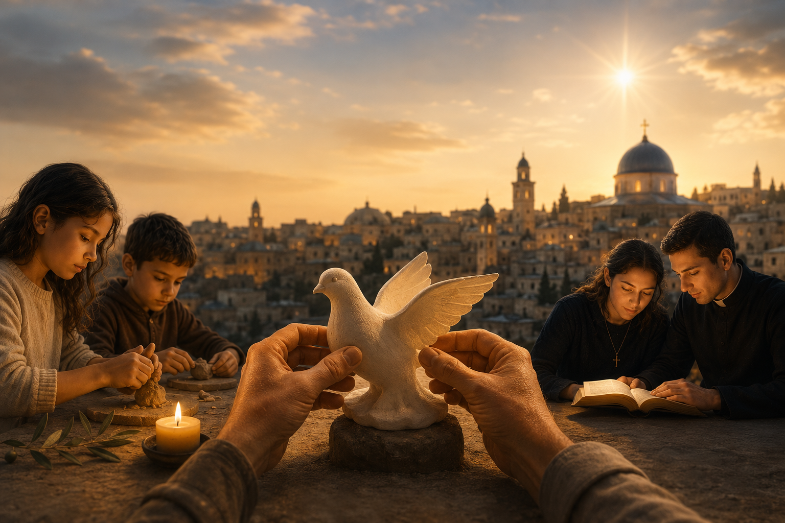 Méditation de Noël — Bethléem au crépuscule, colombe de la paix et famille en prière